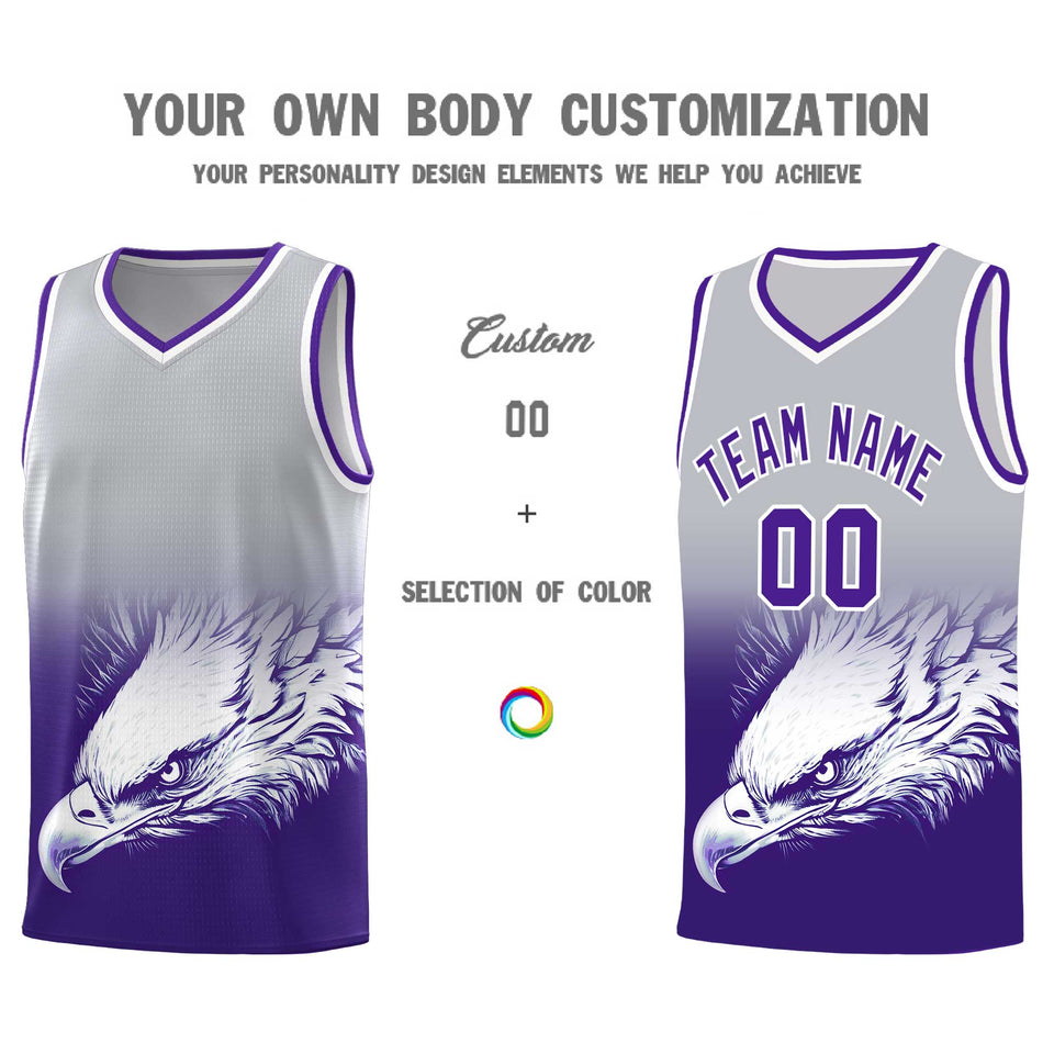 Custom Gray Purple Eagle Pattern Graffiti Pattern Sports Uniform Basketball Jersey