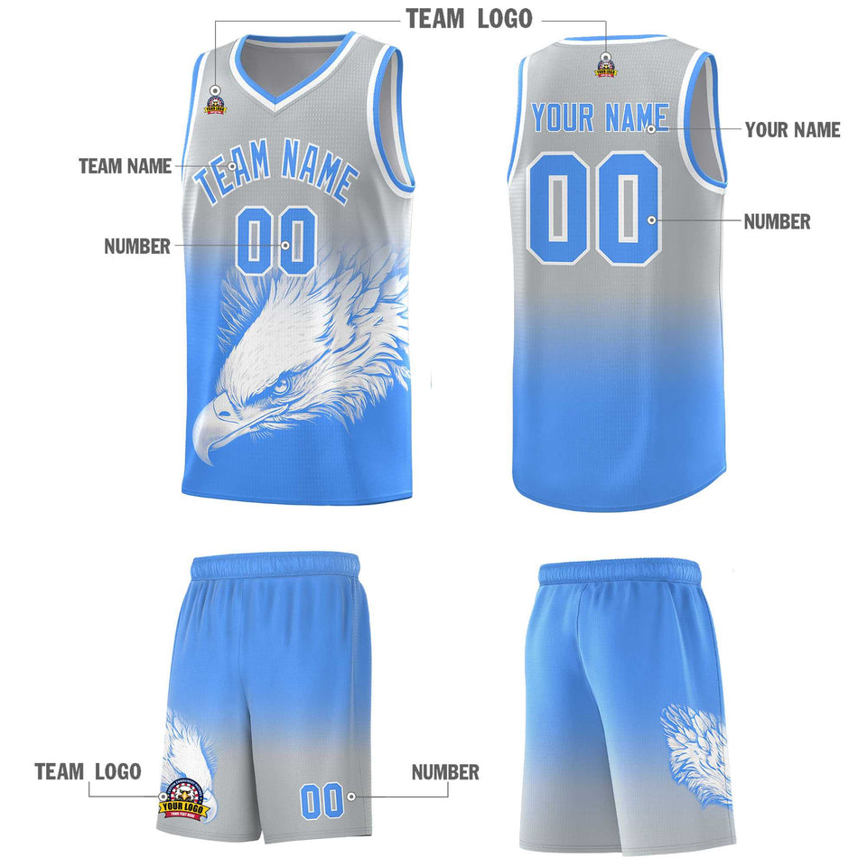 Custom Gray Powder Blue Eagle Pattern Graffiti Pattern Sports Uniform Basketball Jersey