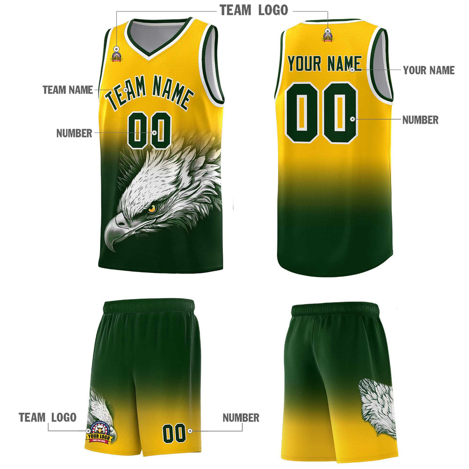 Custom Yellow Green Eagle Pattern Graffiti Pattern Sports Uniform Basketball Jersey