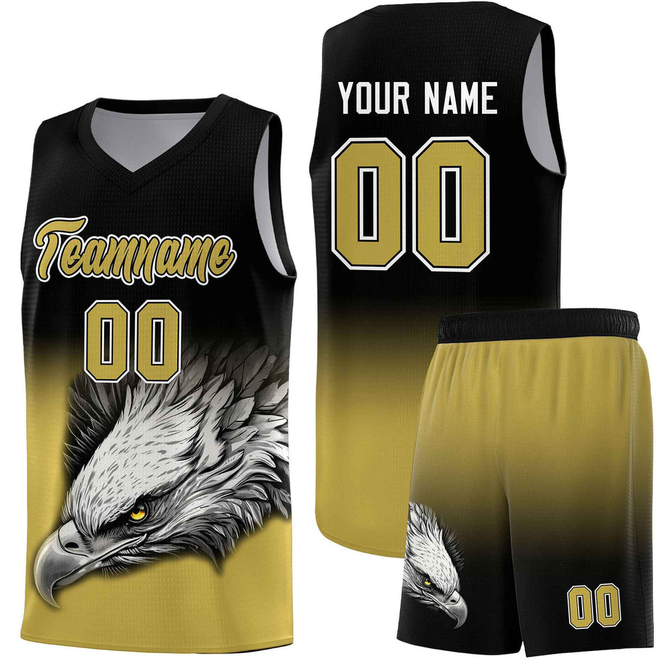 Custom Black Old Gold Eagle Pattern Graffiti Pattern Sports Uniform Basketball Jersey