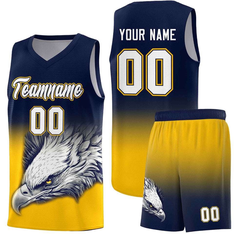 Custom Navy Yellow Eagle Pattern Graffiti Pattern Sports Uniform Basketball Jersey