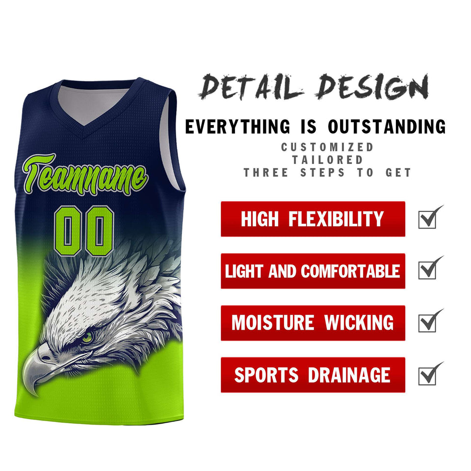 Custom Navy Neon Green Eagle Pattern Graffiti Pattern Sports Uniform Basketball Jersey