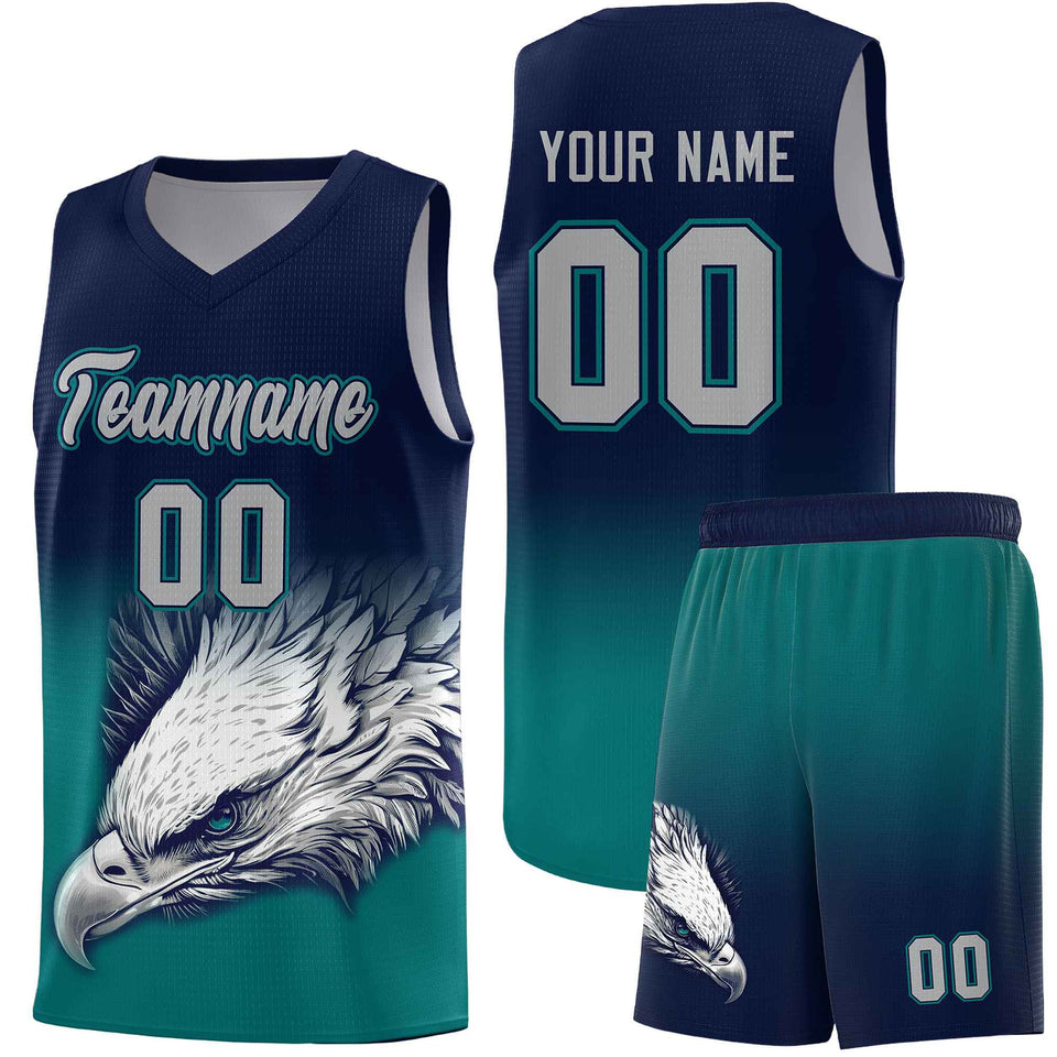 Custom Navy Teal Eagle Pattern Graffiti Pattern Sports Uniform Basketball Jersey