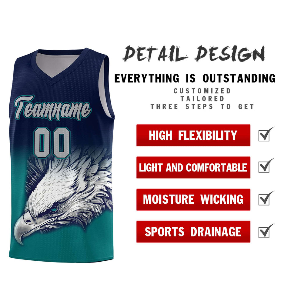Custom Navy Teal Eagle Pattern Graffiti Pattern Sports Uniform Basketball Jersey
