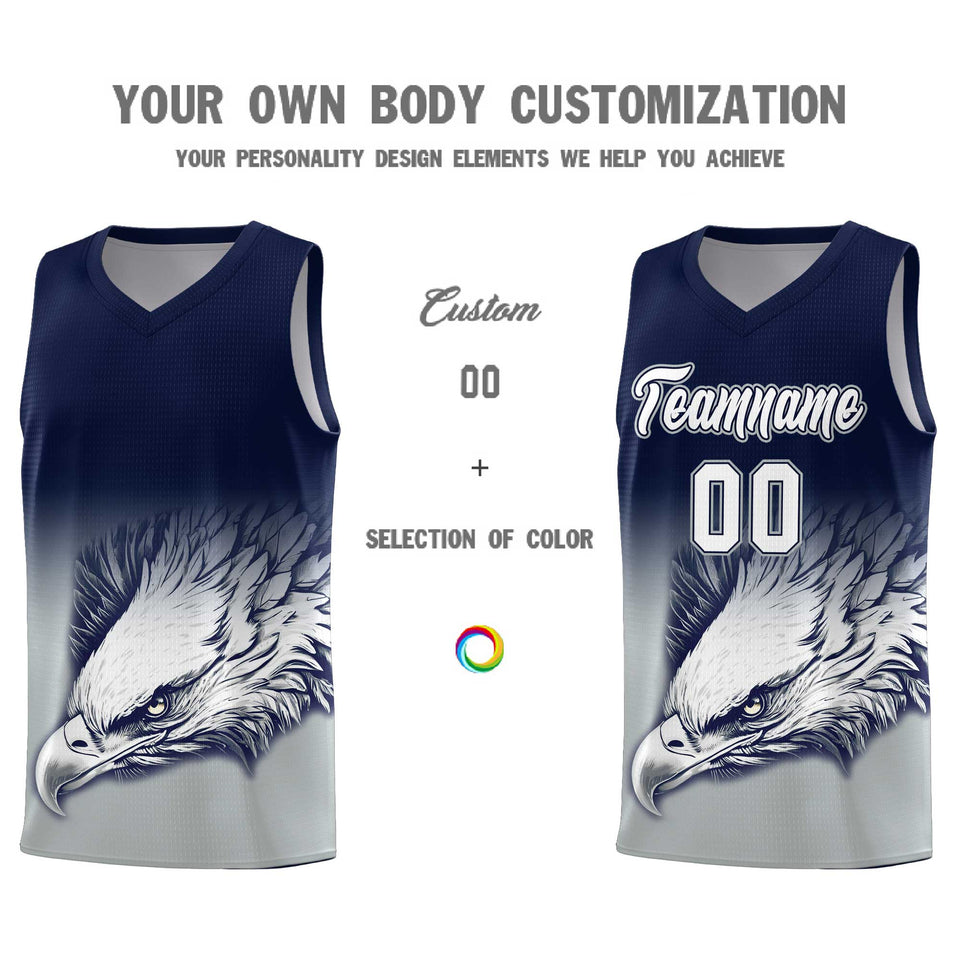 Custom Navy Gray Eagle Pattern Graffiti Pattern Sports Uniform Basketball Jersey