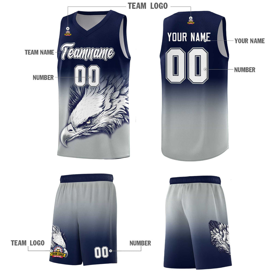 Custom Navy Gray Eagle Pattern Graffiti Pattern Sports Uniform Basketball Jersey