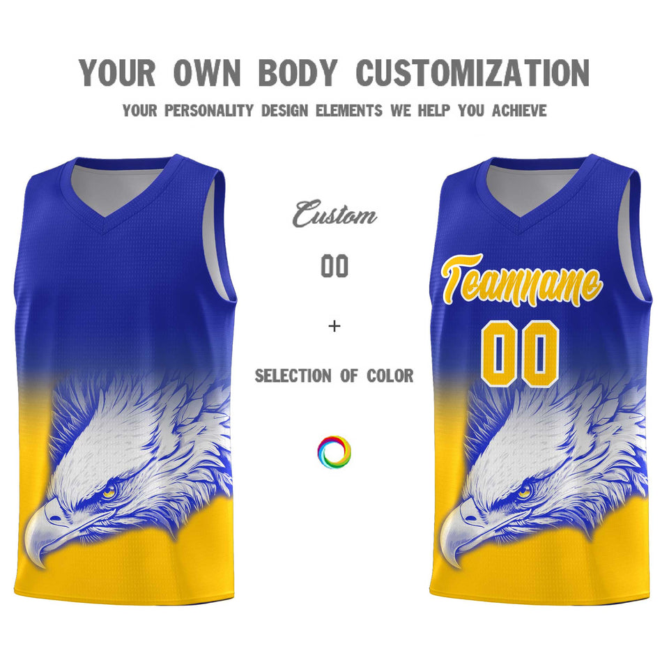 Custom Royal Yellow Eagle Pattern Graffiti Pattern Sports Uniform Basketball Jersey