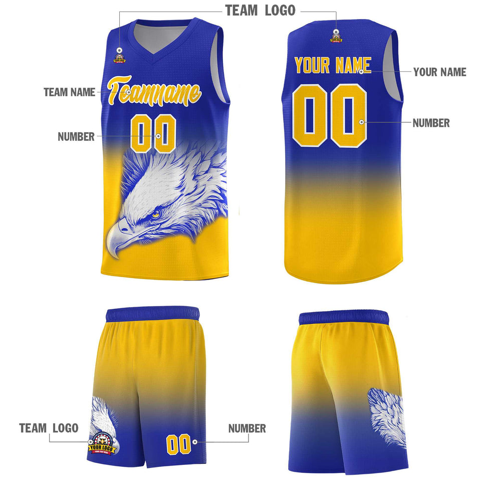 Custom Royal Yellow Eagle Pattern Graffiti Pattern Sports Uniform Basketball Jersey