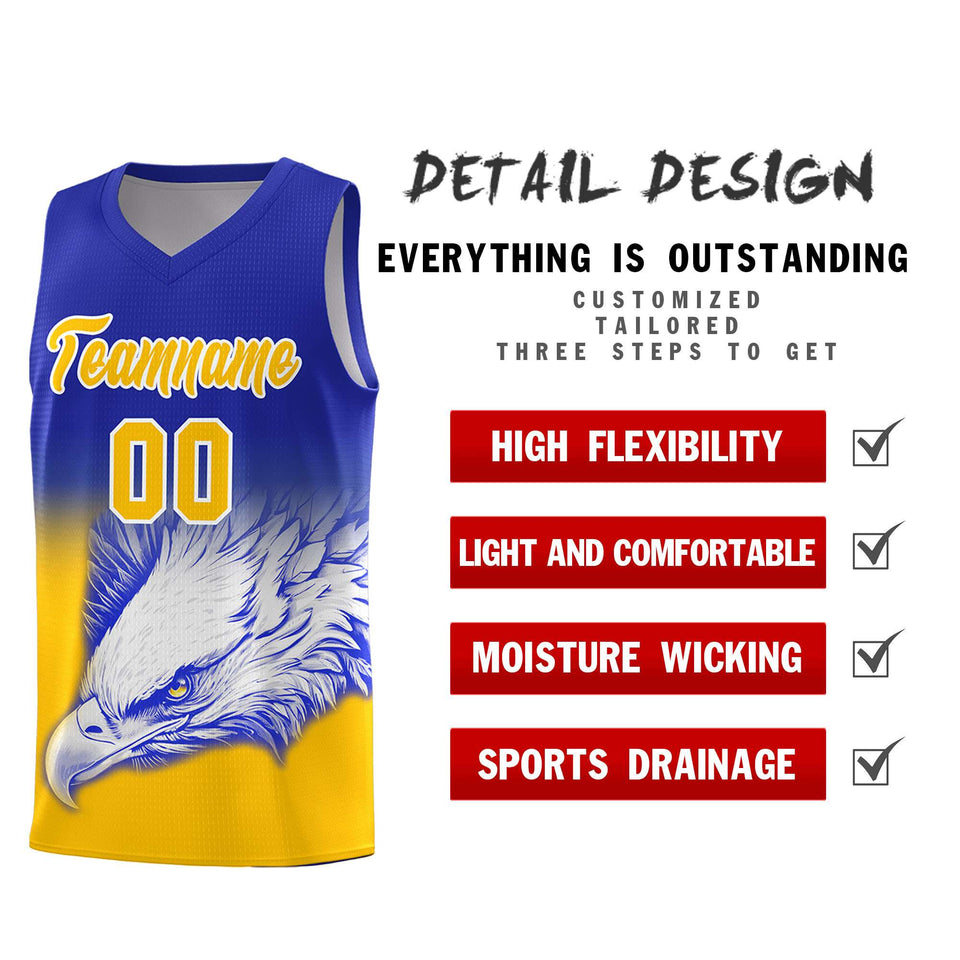 Custom Royal Yellow Eagle Pattern Graffiti Pattern Sports Uniform Basketball Jersey