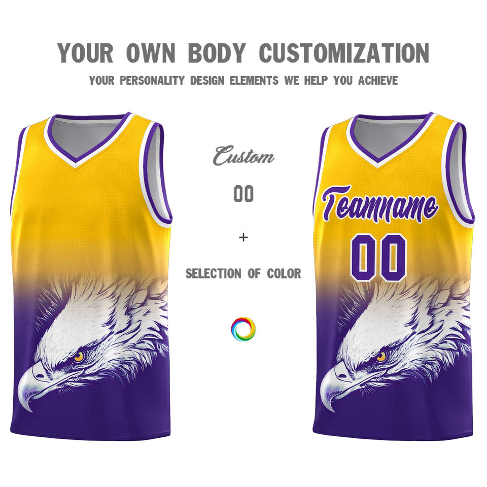 Custom Yellow Purple Eagle Pattern Graffiti Pattern Sports Uniform Basketball Jersey