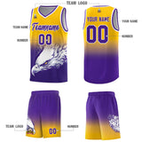 Custom Yellow Purple Eagle Pattern Graffiti Pattern Sports Uniform Basketball Jersey