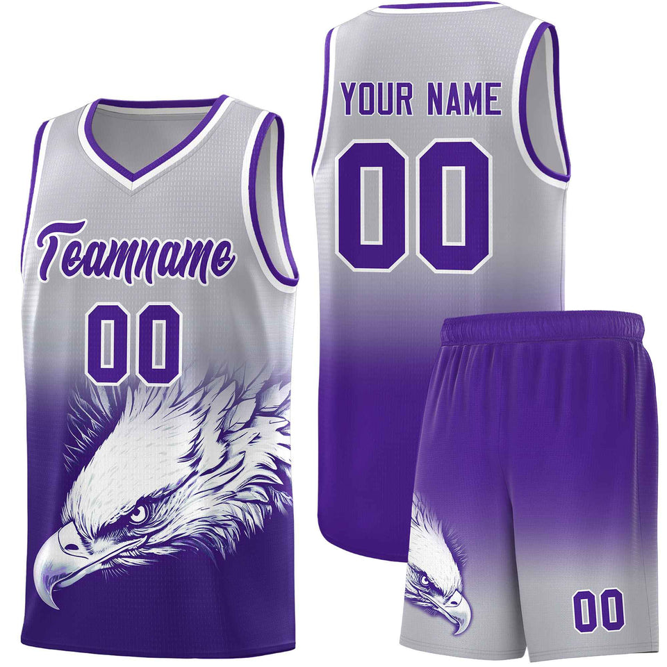 Custom Gray Purple Eagle Pattern Graffiti Pattern Sports Uniform Basketball Jersey
