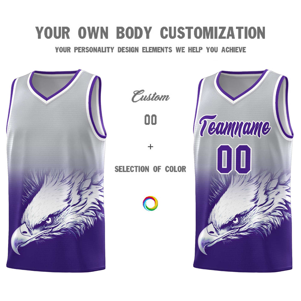 Custom Gray Purple Eagle Pattern Graffiti Pattern Sports Uniform Basketball Jersey