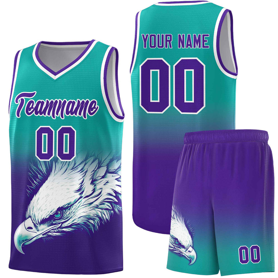 Custom Aqua Purple Eagle Pattern Graffiti Pattern Sports Uniform Basketball Jersey