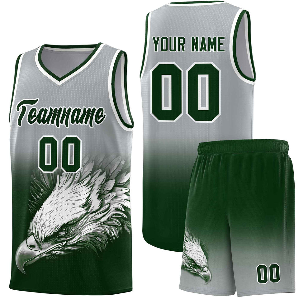 Custom Gray Green Eagle Pattern Graffiti Pattern Sports Uniform Basketball Jersey