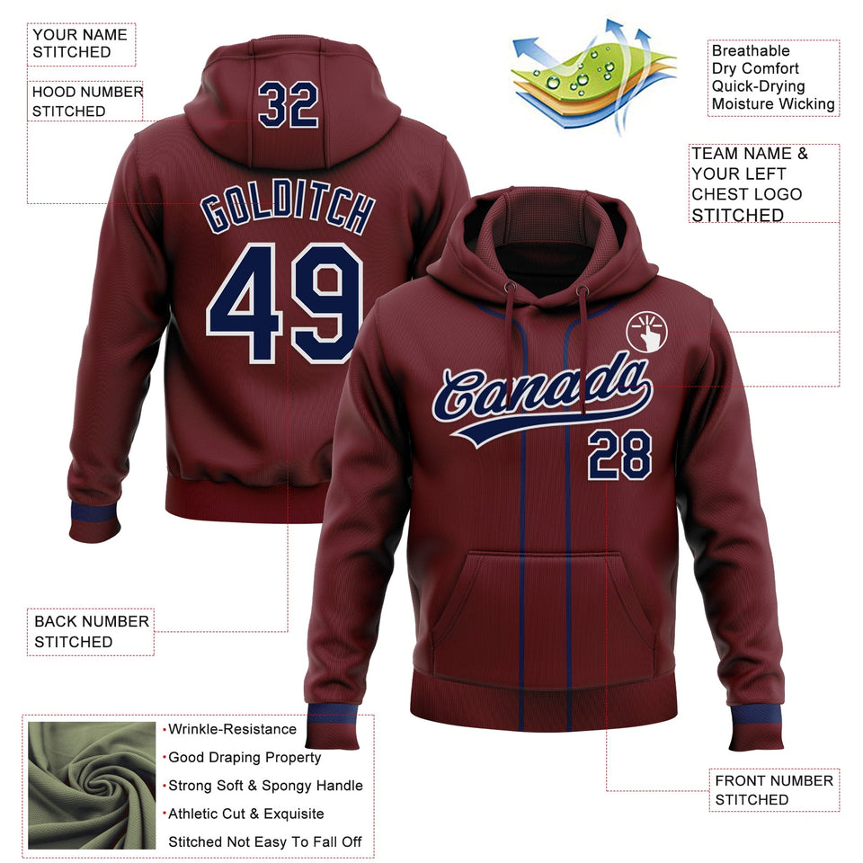 Custom Stitched Burgundy Navy-White Baseball Pullover Sweatshirt Hoodie