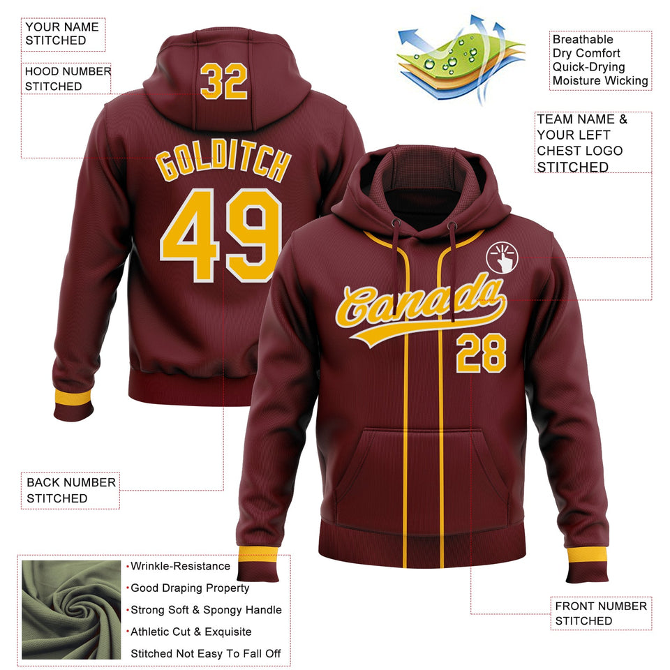 Custom Stitched Burgundy Gold-White Baseball Pullover Sweatshirt Hoodie