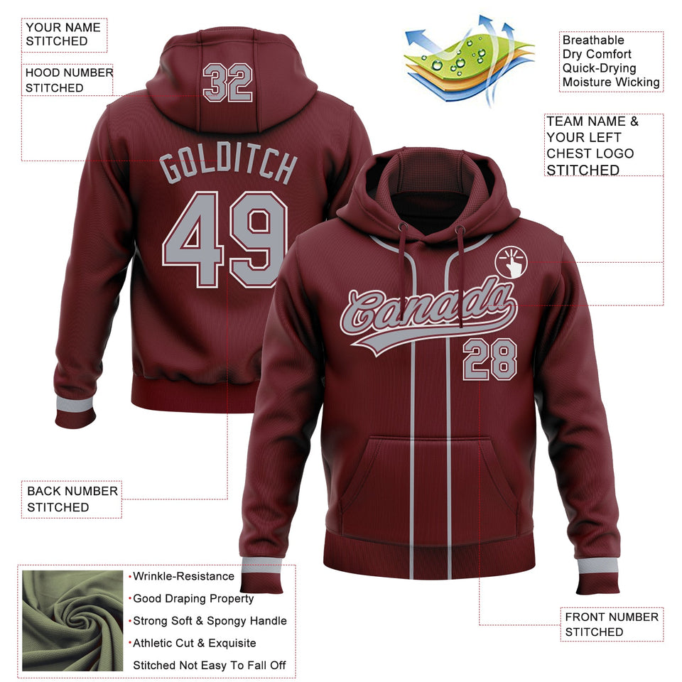 Custom Stitched Burgundy Gray-White Baseball Pullover Sweatshirt Hoodie