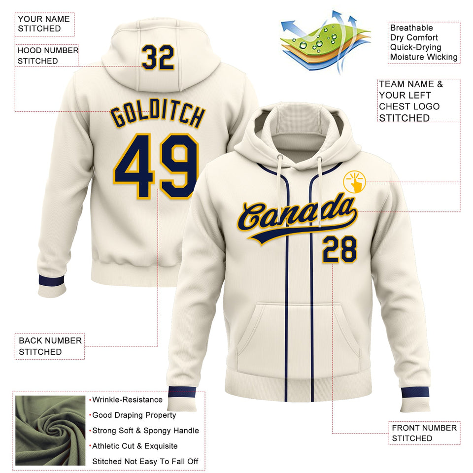 Custom Stitched Cream Navy-Gold Baseball Pullover Sweatshirt Hoodie