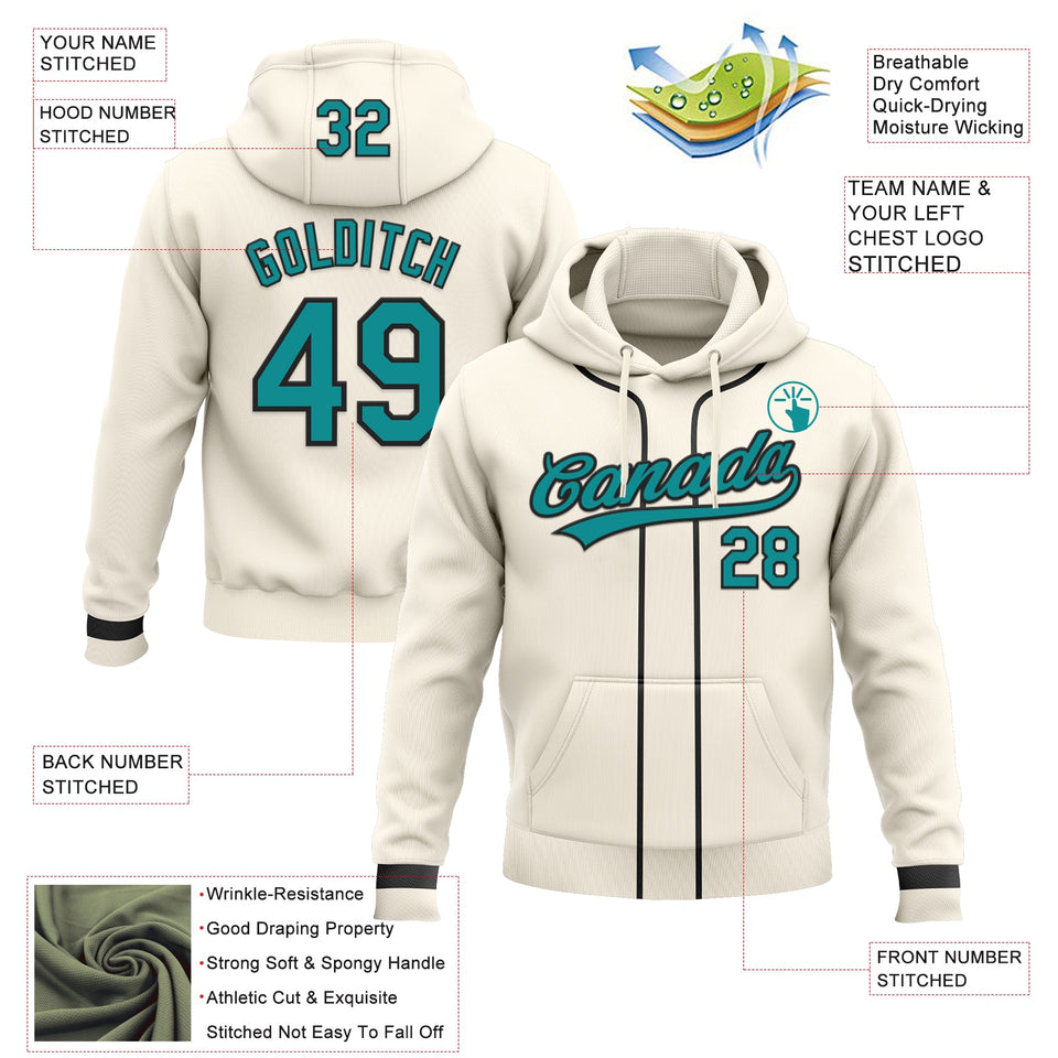 Custom Stitched Cream Teal-Black Baseball Pullover Sweatshirt Hoodie