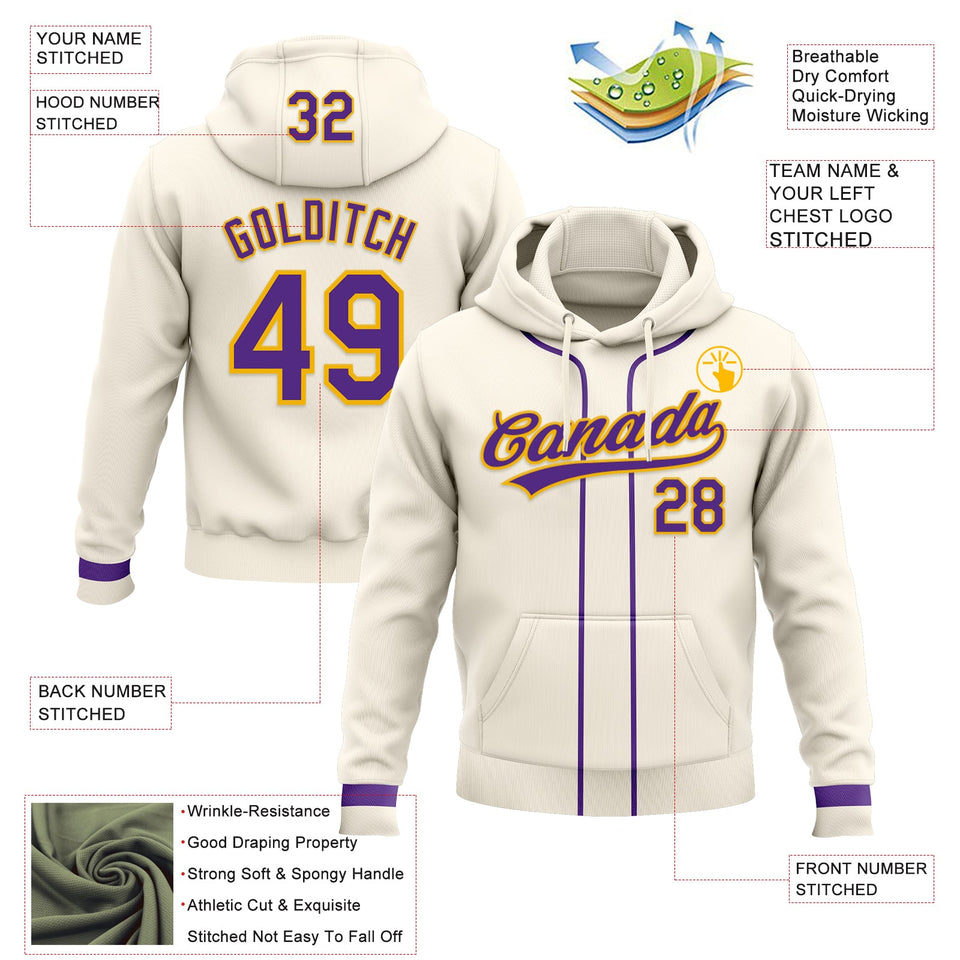 Custom Stitched Cream Purple-Gold Baseball Pullover Sweatshirt Hoodie