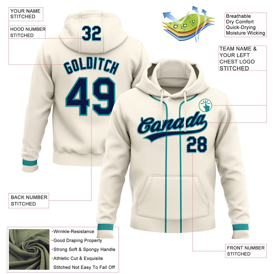 Custom Stitched Cream Navy-Teal Baseball Pullover Sweatshirt Hoodie