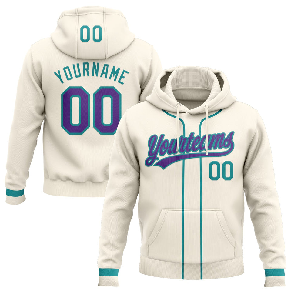 Custom Stitched Cream Purple-Teal Baseball Pullover Sweatshirt Hoodie