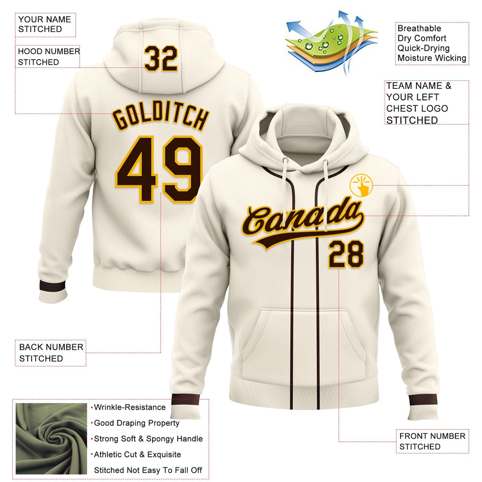 Custom Stitched Cream Brown-Gold Baseball Pullover Sweatshirt Hoodie