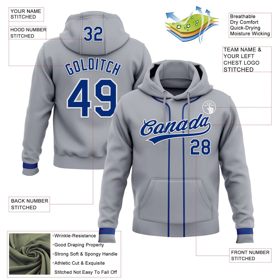 Custom Stitched Gray Royal-White Baseball Pullover Sweatshirt Hoodie