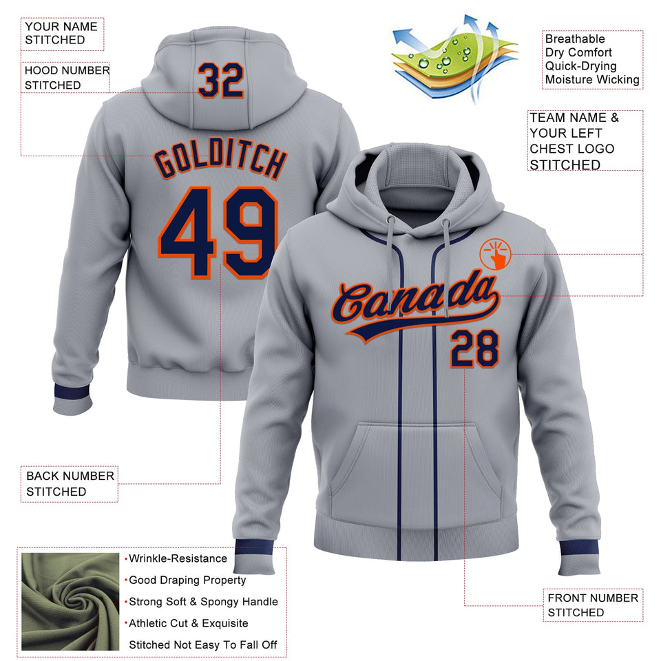 Custom Stitched Gray Navy-Orange Baseball Pullover Sweatshirt Hoodie
