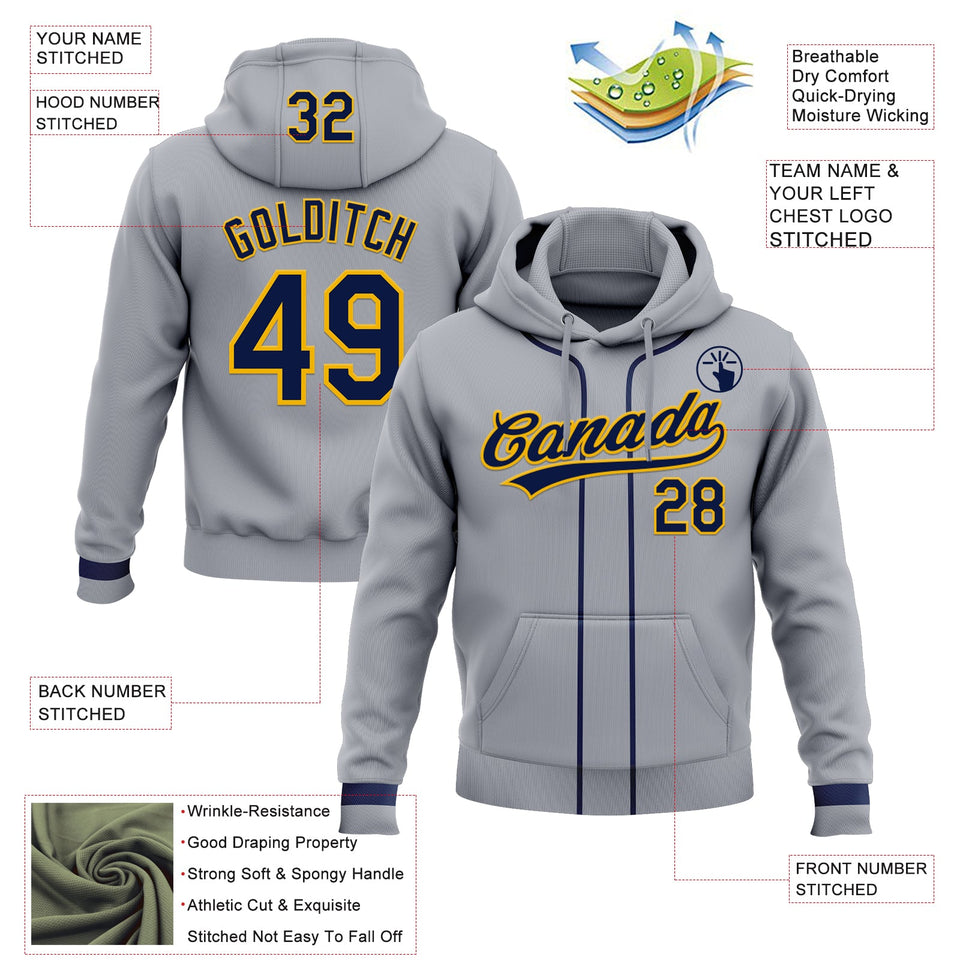 Custom Stitched Gray Navy-Gold Baseball Pullover Sweatshirt Hoodie