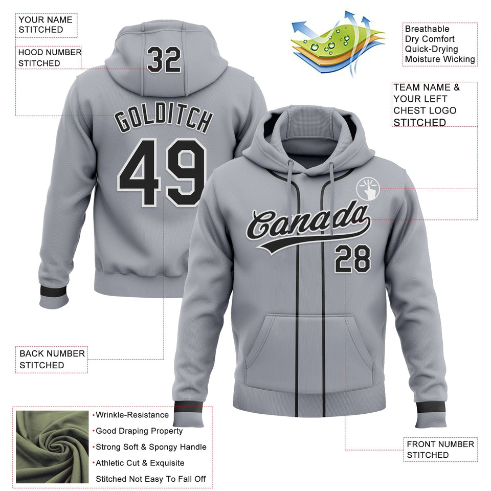Custom Stitched Gray Black-White Baseball Pullover Sweatshirt Hoodie