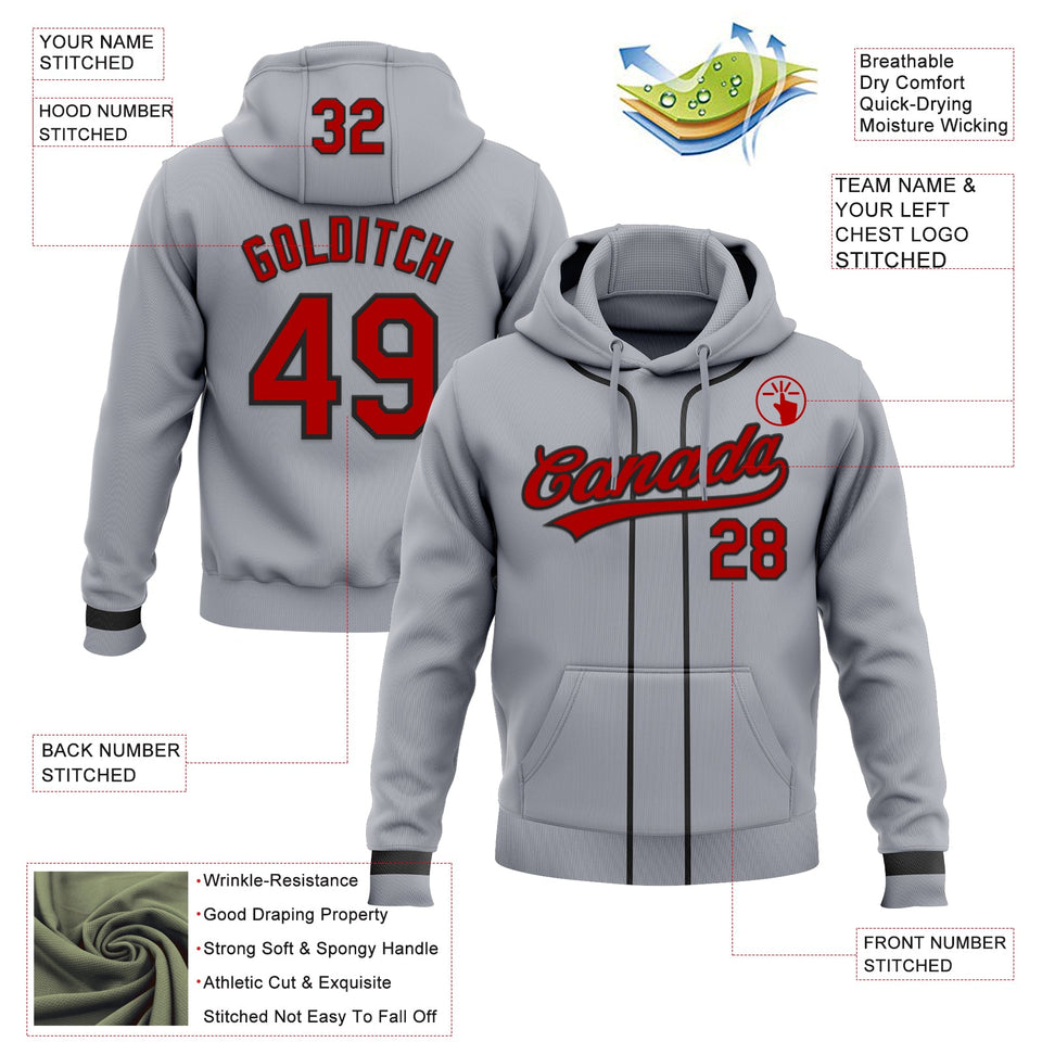 Custom Stitched Gray Red-Black Baseball Pullover Sweatshirt Hoodie