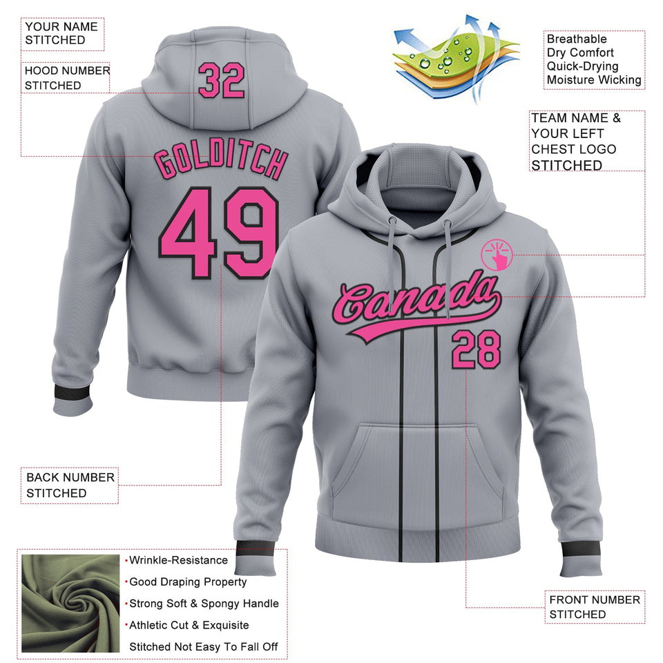 Custom Stitched Gray Pink-Black Baseball Pullover Sweatshirt Hoodie