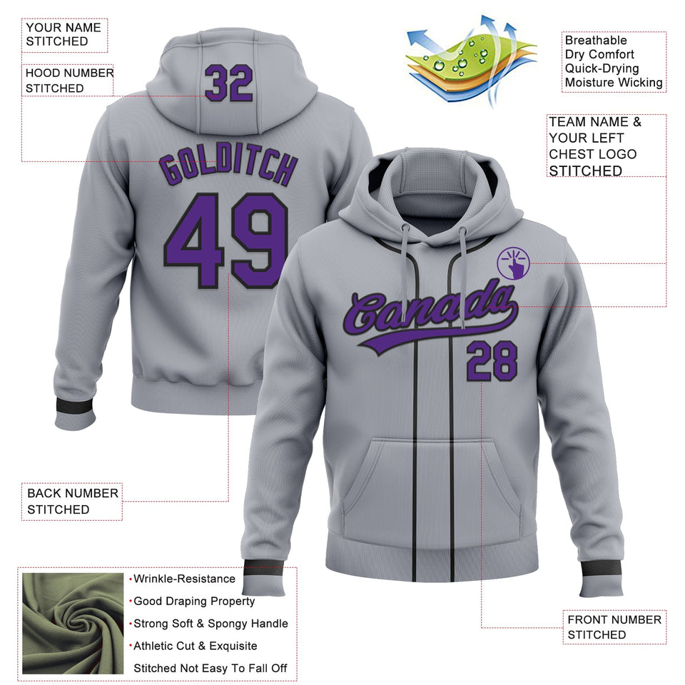 Custom Stitched Gray Purple-Black Baseball Pullover Sweatshirt Hoodie