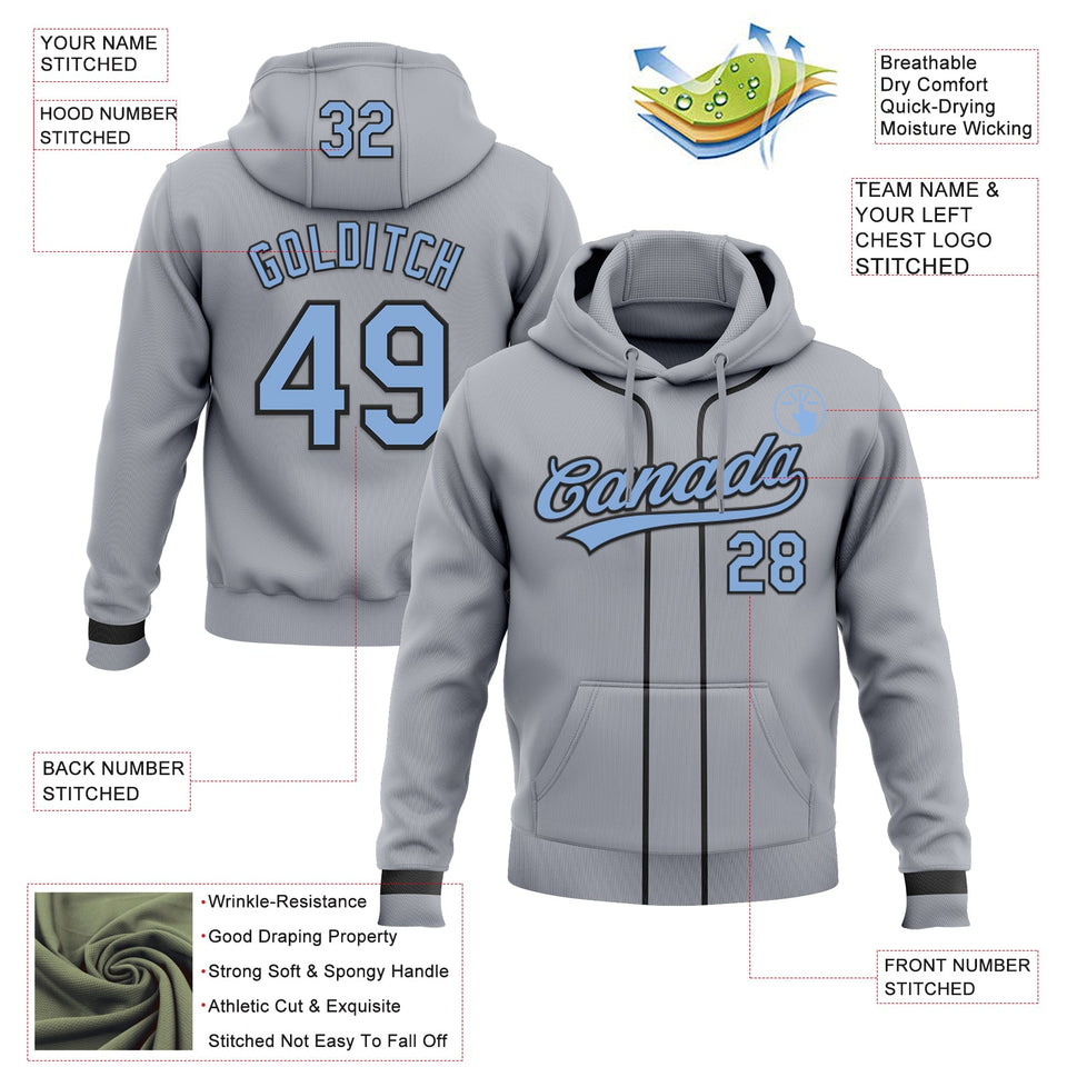 Custom Stitched Gray Light Blue-Black Baseball Pullover Sweatshirt Hoodie