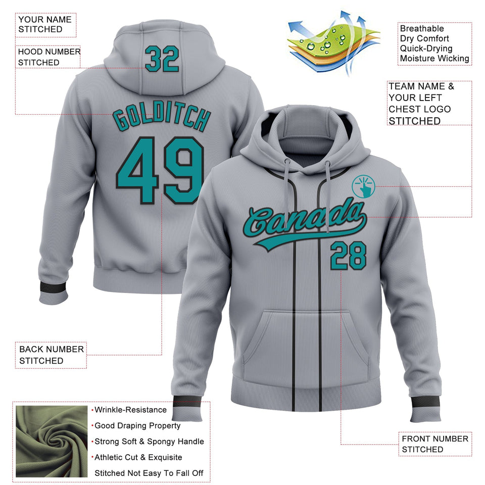 Custom Stitched Gray Teal-Black Baseball Pullover Sweatshirt Hoodie