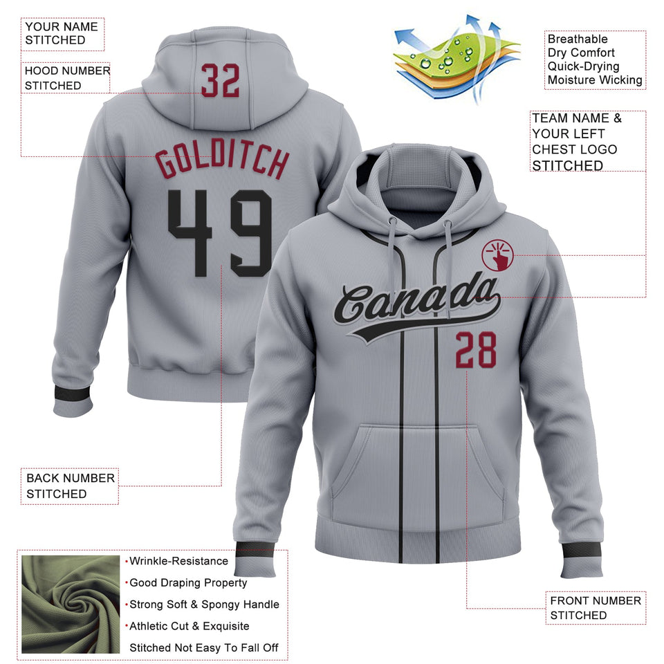 Custom Stitched Gray Black-Crimson Baseball Pullover Sweatshirt Hoodie