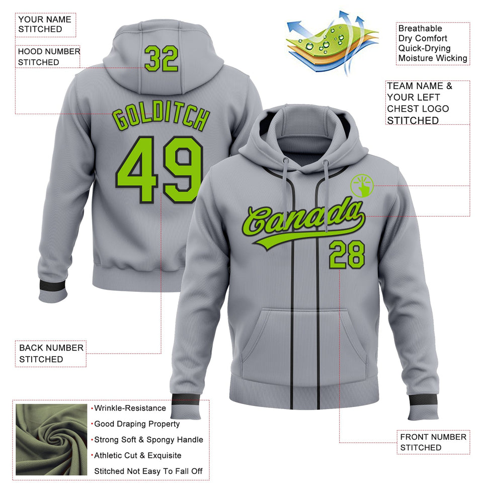 Custom Stitched Gray Neon Green-Black Baseball Pullover Sweatshirt Hoodie