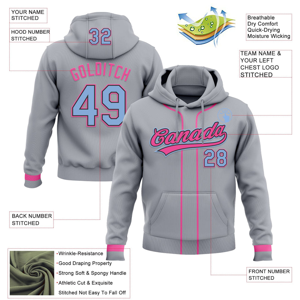 Custom Stitched Gray Light Blue Pink-Black Baseball Pullover Sweatshirt Hoodie