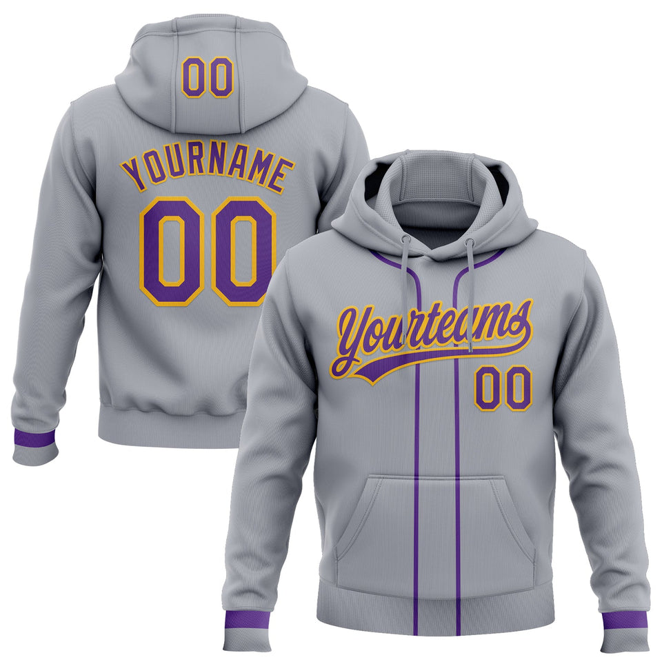 Custom Stitched Gray Purple-Gold Baseball Pullover Sweatshirt Hoodie