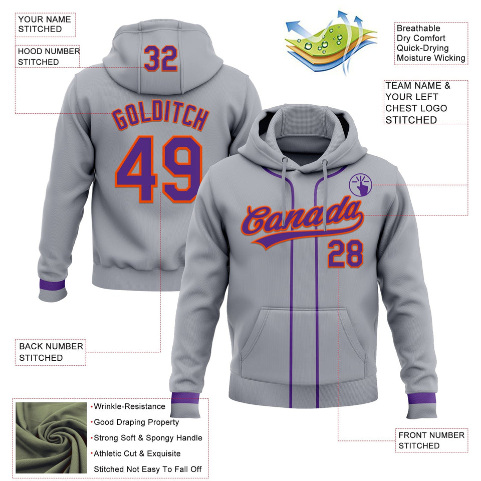 Custom Stitched Gray Purple-Orange Baseball Pullover Sweatshirt Hoodie