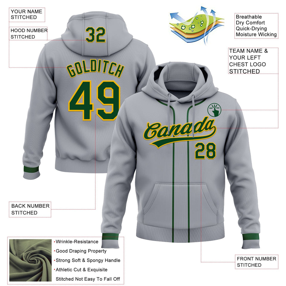 Custom Stitched Gray Green-Gold Baseball Pullover Sweatshirt Hoodie