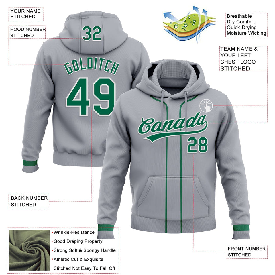 Custom Stitched Gray Kelly Green-White Baseball Pullover Sweatshirt Hoodie