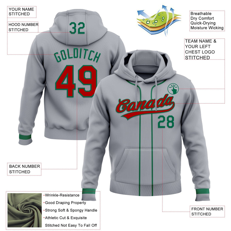 Custom Stitched Gray Red-Kelly Green Baseball Pullover Sweatshirt Hoodie