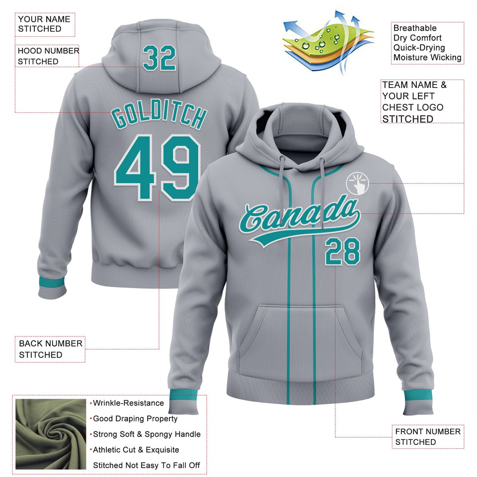 Custom Stitched Gray Teal-White Baseball Pullover Sweatshirt Hoodie