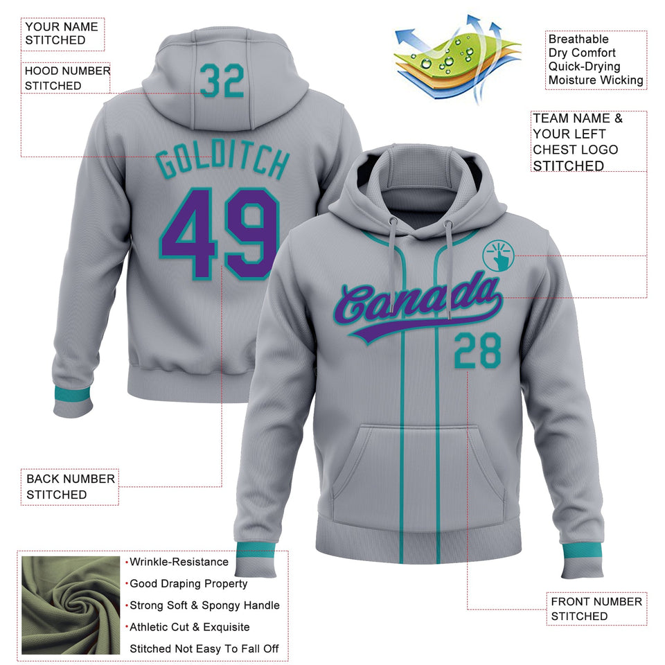 Custom Stitched Gray Purple-Teal Baseball Pullover Sweatshirt Hoodie