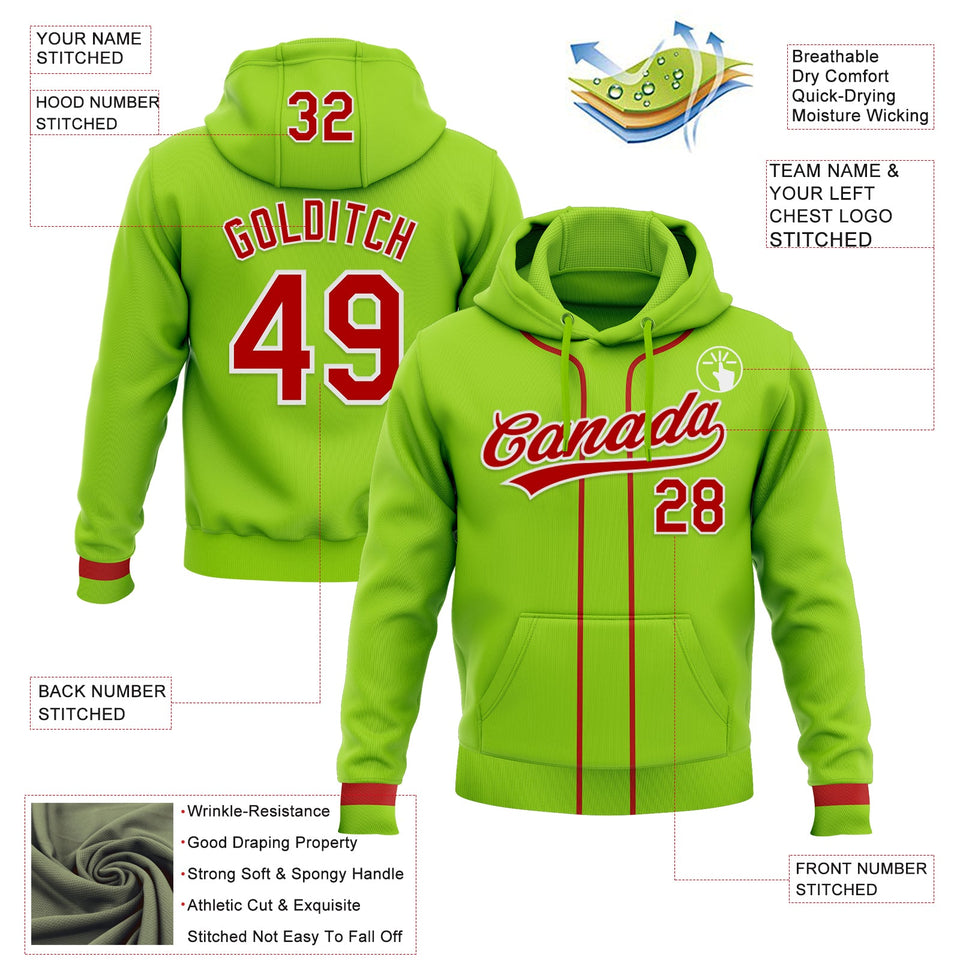 Custom Stitched Neon Green Red-White Baseball Pullover Sweatshirt Hoodie
