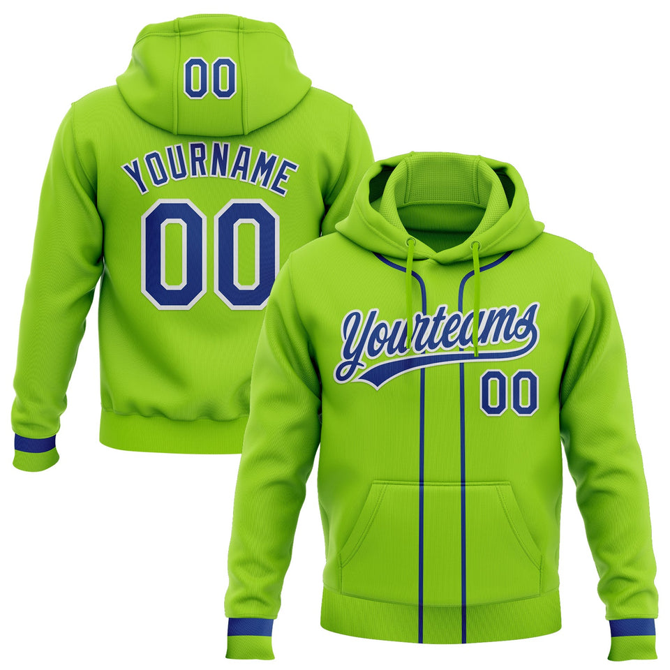 Custom Stitched Neon Green Royal-White Baseball Pullover Sweatshirt Hoodie