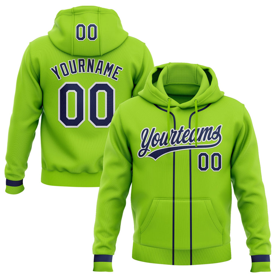 Custom Stitched Neon Green Navy-White Baseball Pullover Sweatshirt Hoodie